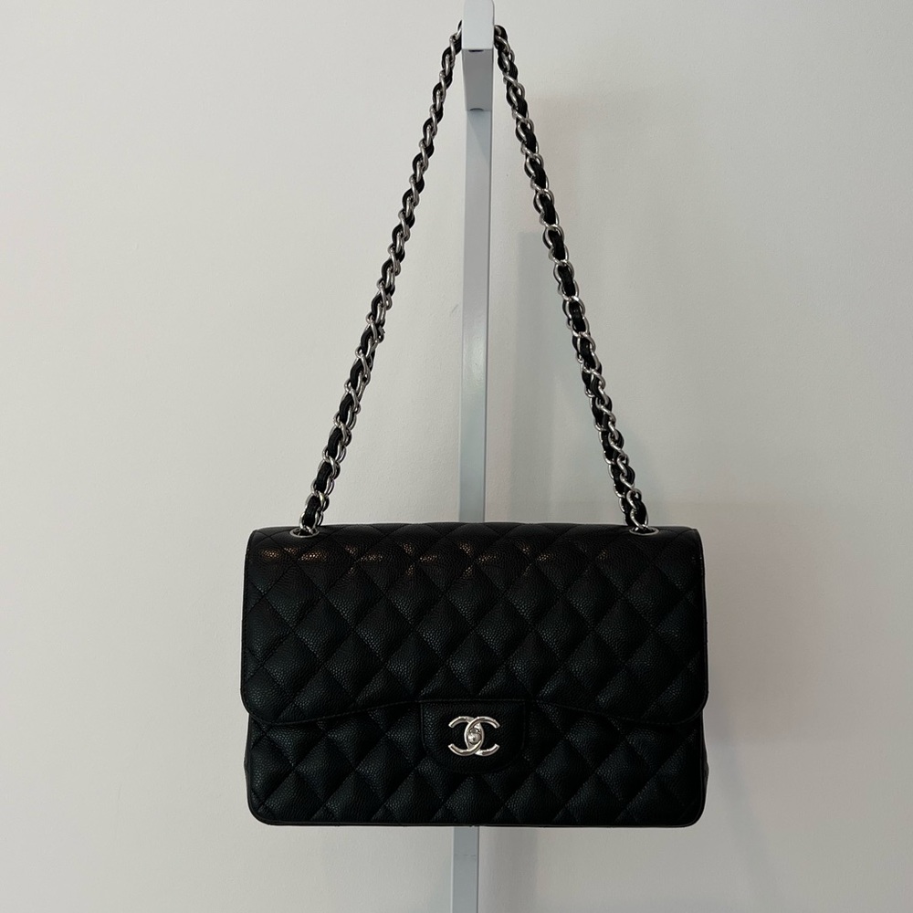 CHANEL BLACK CAVIAR LEATHER JUMBO LARGE DOUBLE FLAP BAG NWOTS!
